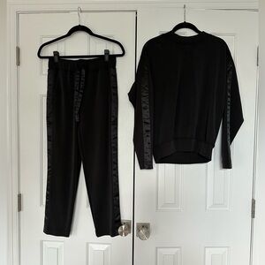 Club Monaco black sweatshirt sweatpant/ athleisure set, w/tuxedo stripe. So XS.
